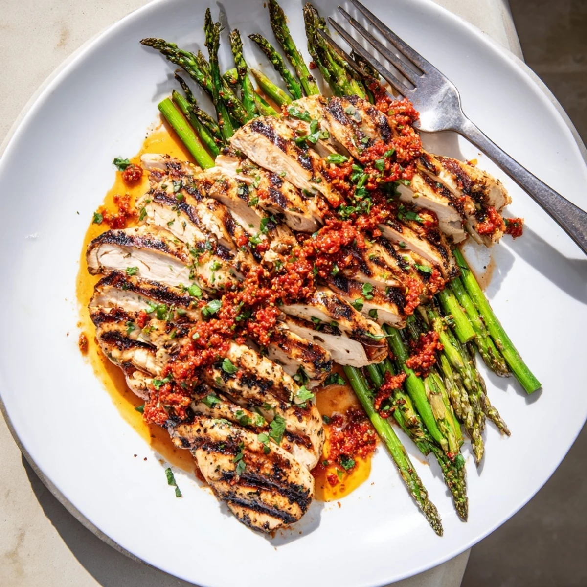 Smoky grilled asparagus chicken breasts resting alongside tender spears coated in spicy Calabrian chili sauce