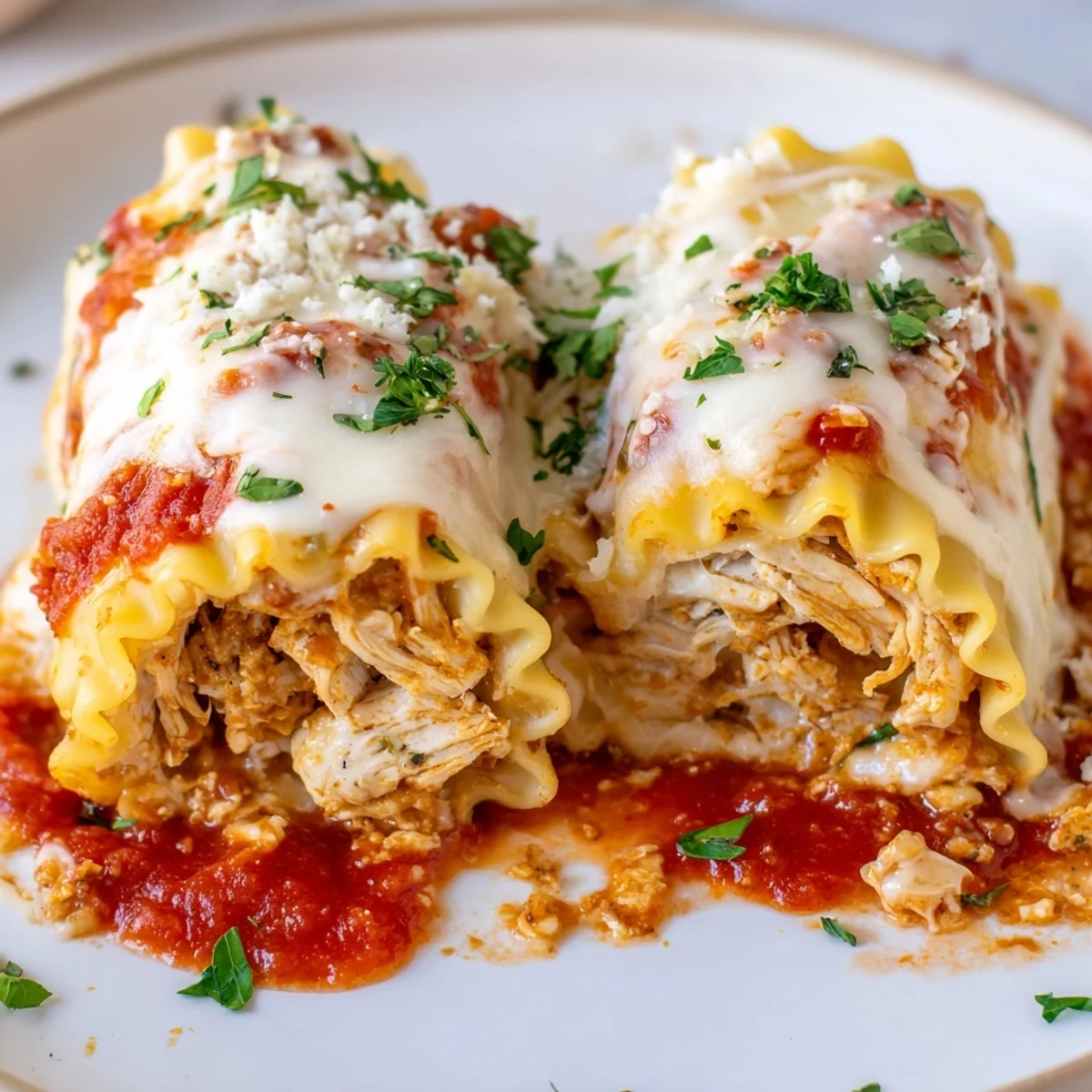 Golden garlic Parmesan chicken lasagna roll ups bubbling with melted mozzarella cheese topping