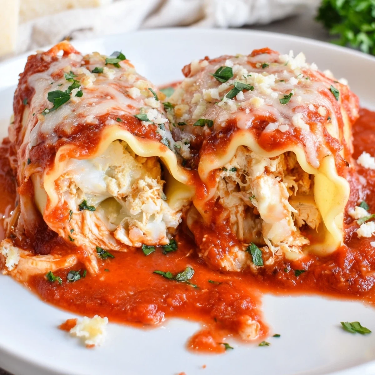Creamy garlic Parmesan chicken lasagna roll ups plated on a white ceramic serving dish