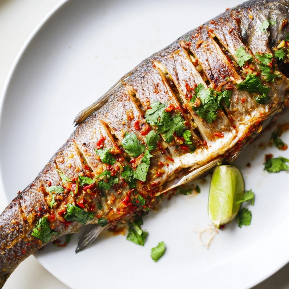 Golden chili lime baked trout garnished with fresh cilantro on a white platter
