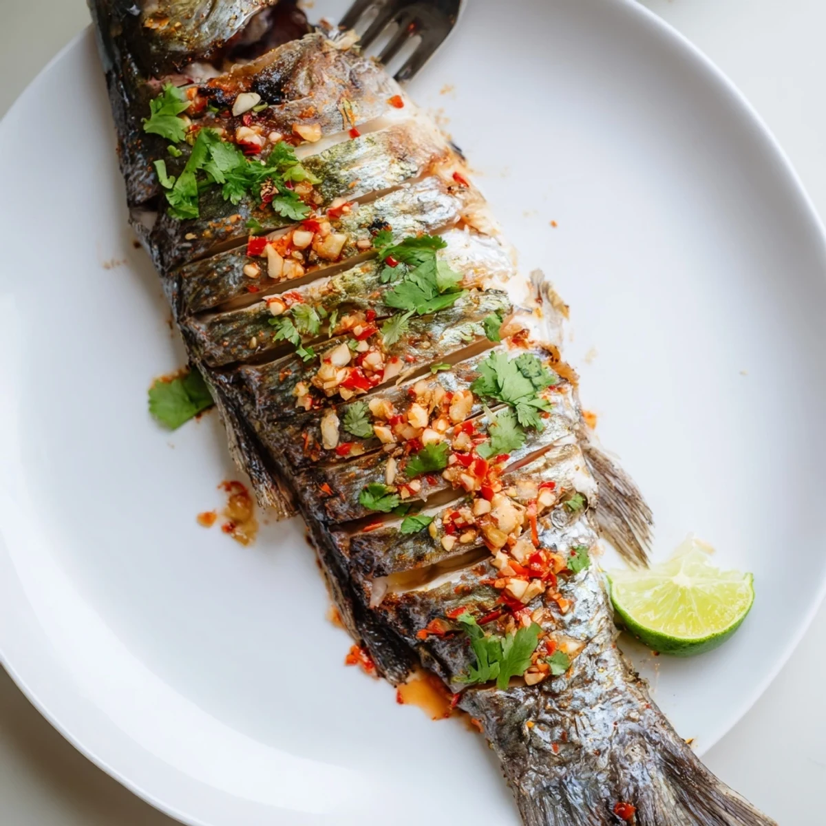 Crispy-skinned chili lime baked trout with juicy citrus flesh and lime wedges
