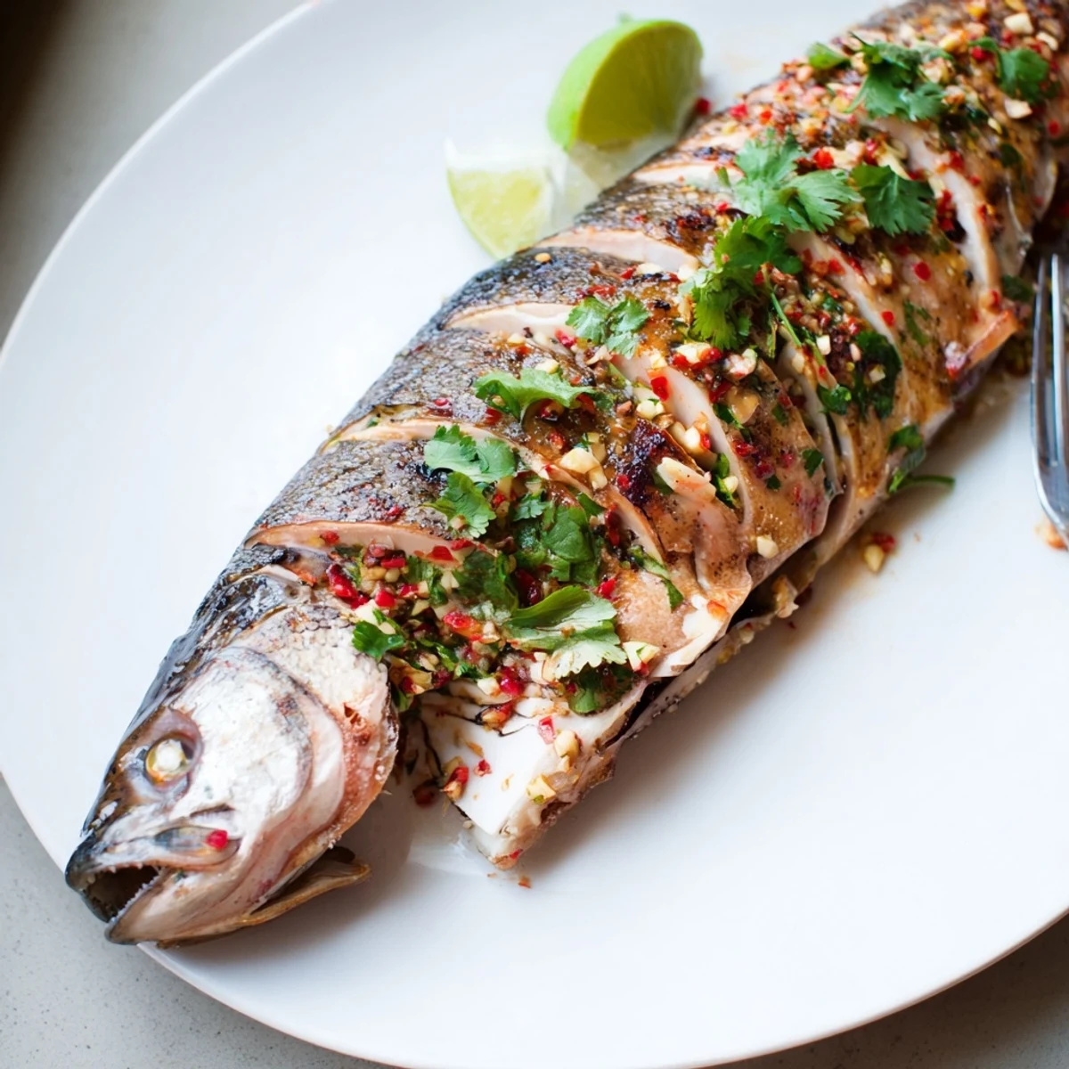 Perfectly flaked chili lime baked trout drizzled with zesty marinage and herbs