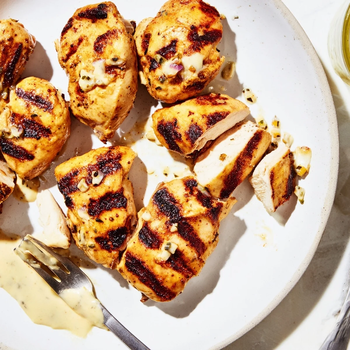 Juicy Mayo Marinated Grilled Chicken with golden charred grill marks on a rustic plate