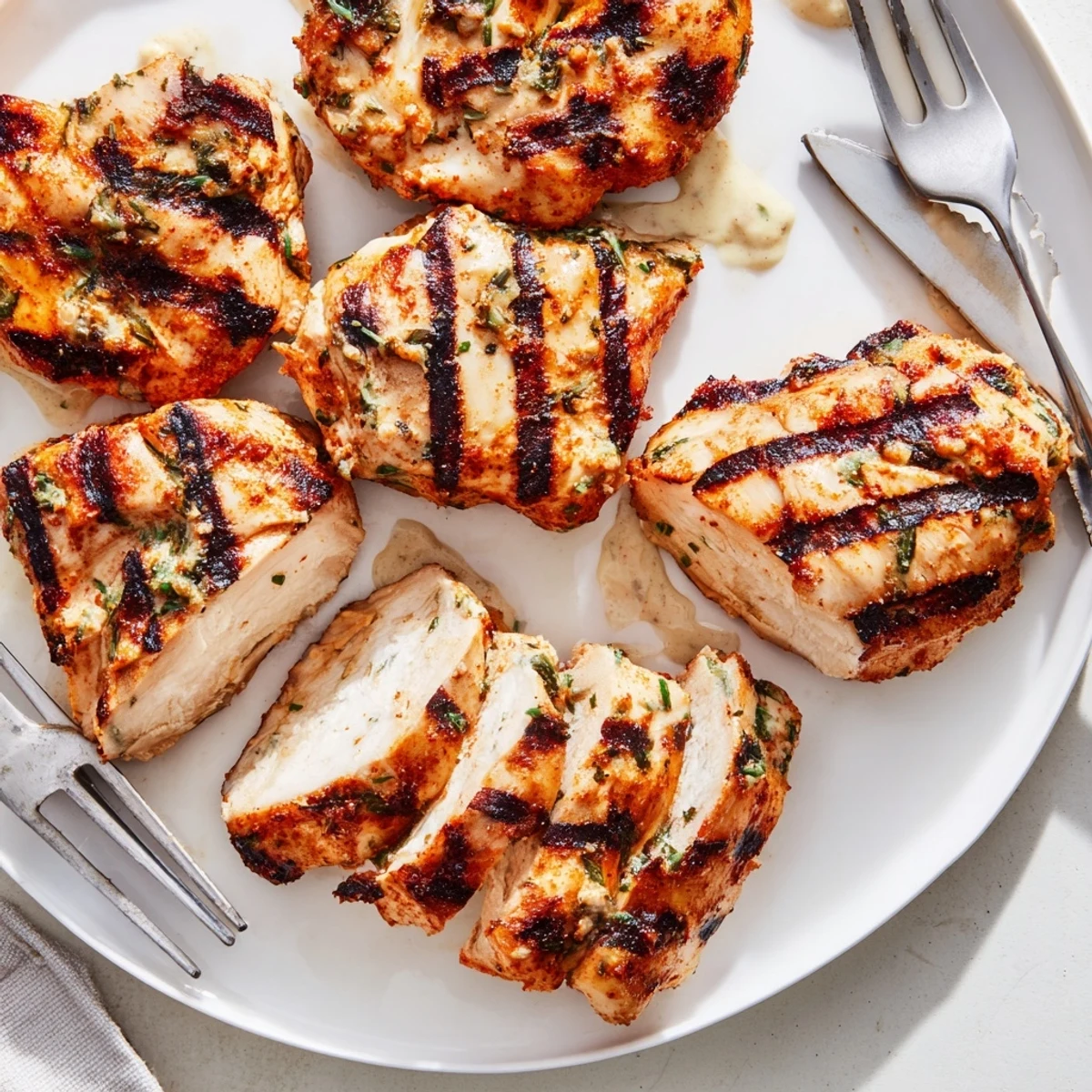 Sizzling Mayo Marinated Grilled Chicken served alongside roasted vegetables on a sunny patio table