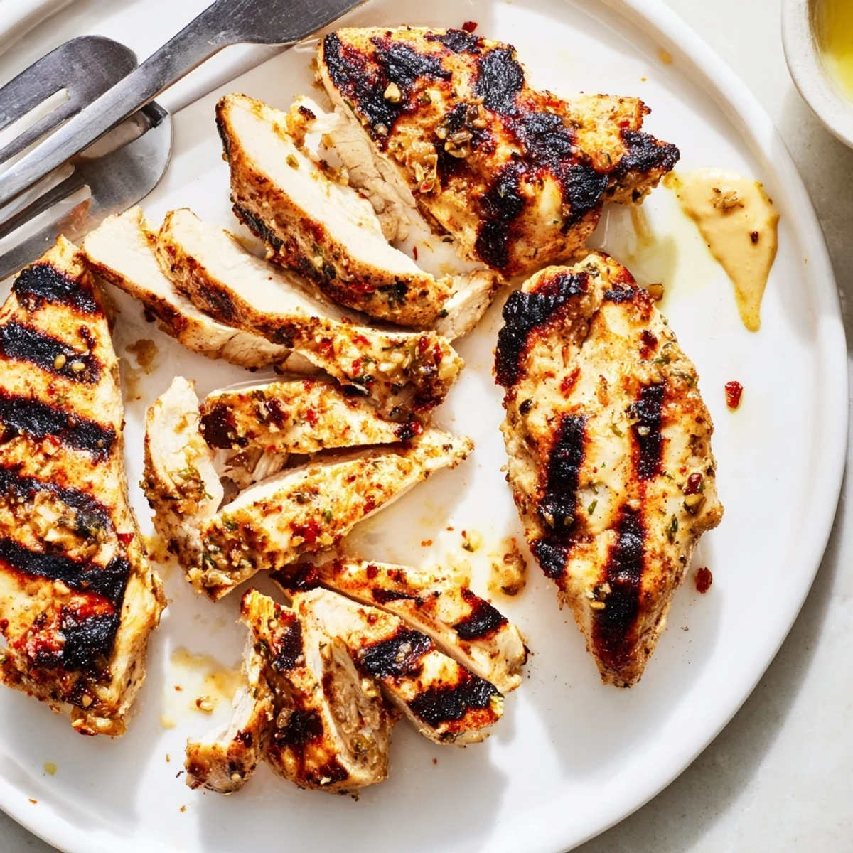 Creamy herb-coated Mayo Marinated Grilled Chicken sliced open revealing tender moist meat inside
