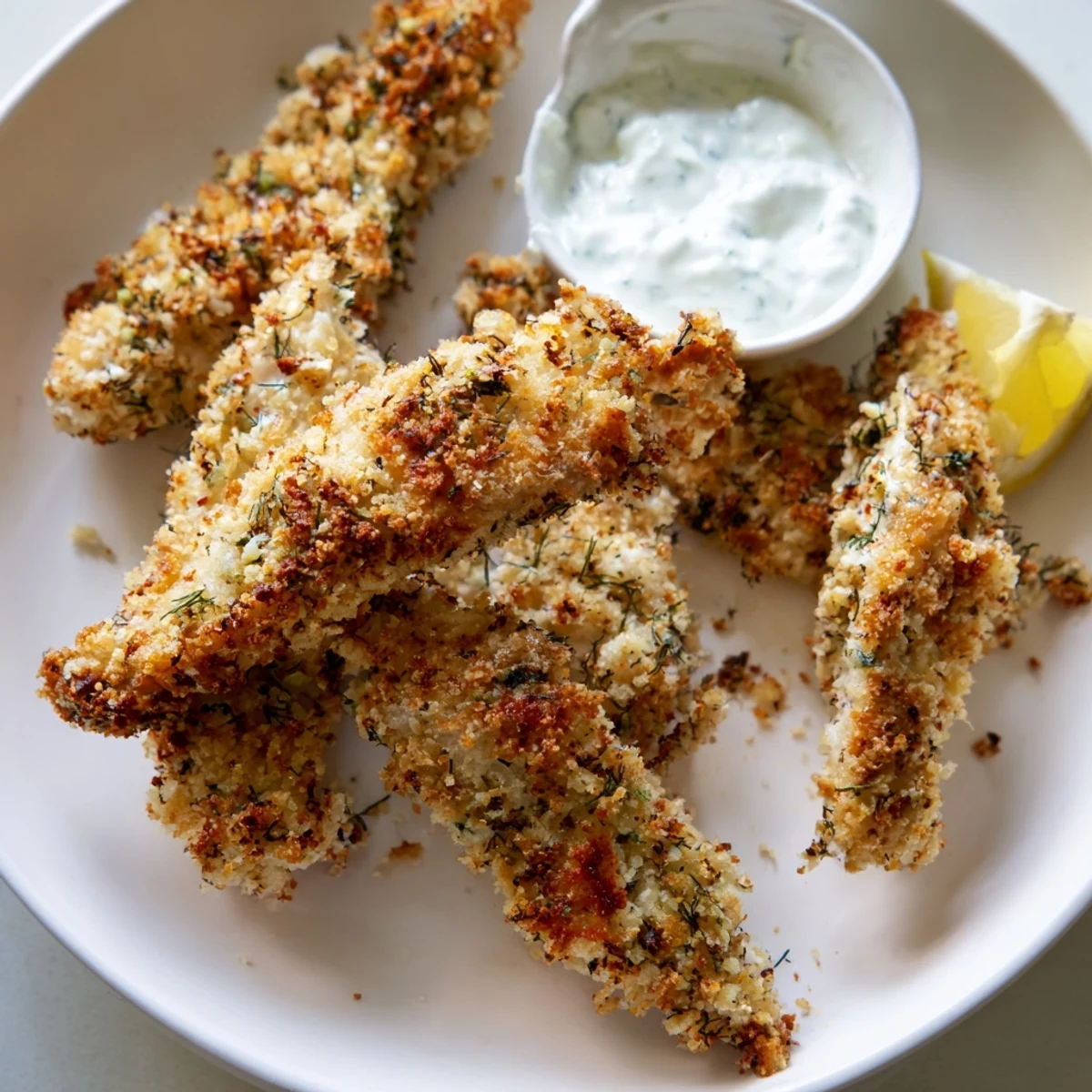 Golden crispy Greek chicken strips with herbs served on a rustic white plate