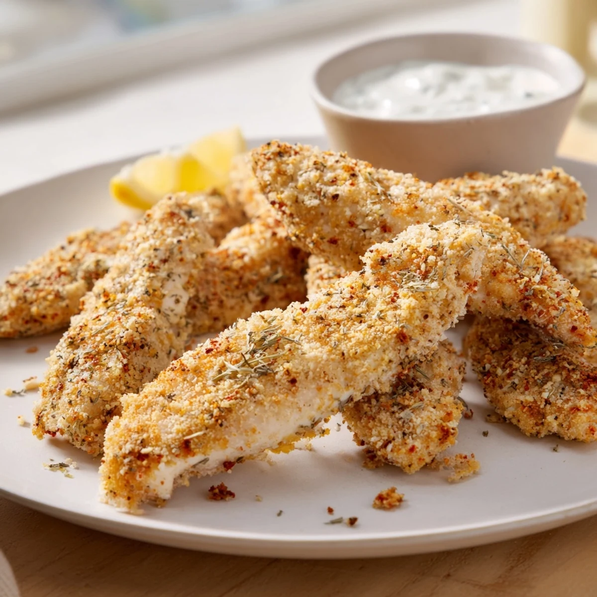 Mediterranean herb marinated crispy Greek chicken strips fresh from the sizzling skillet