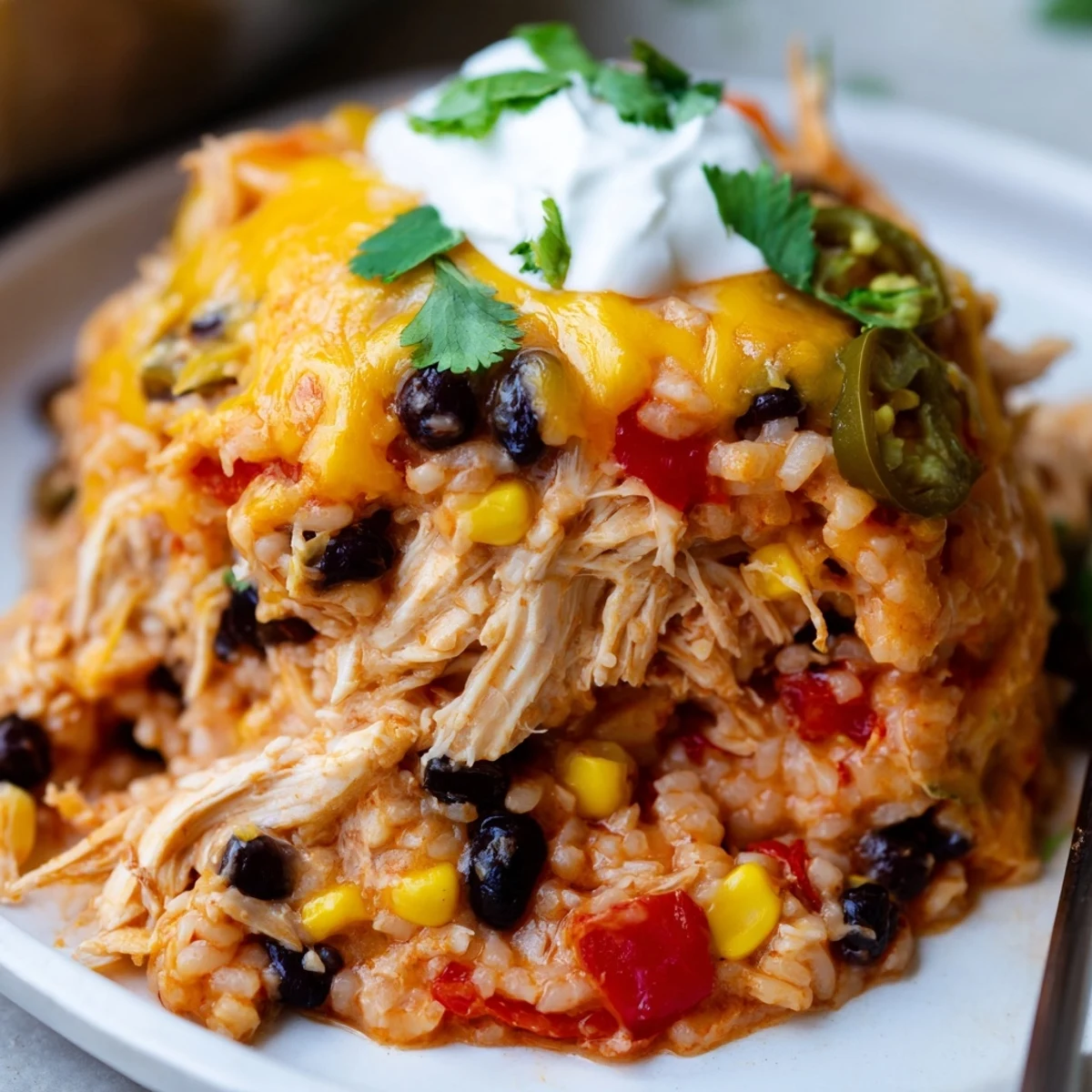 Golden bubbly chicken burrito casserole fresh from the oven with melted cheese