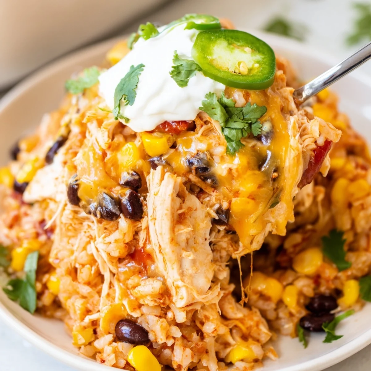Steaming scoop of chicken burrito casserole loaded with beans rice and cheddar