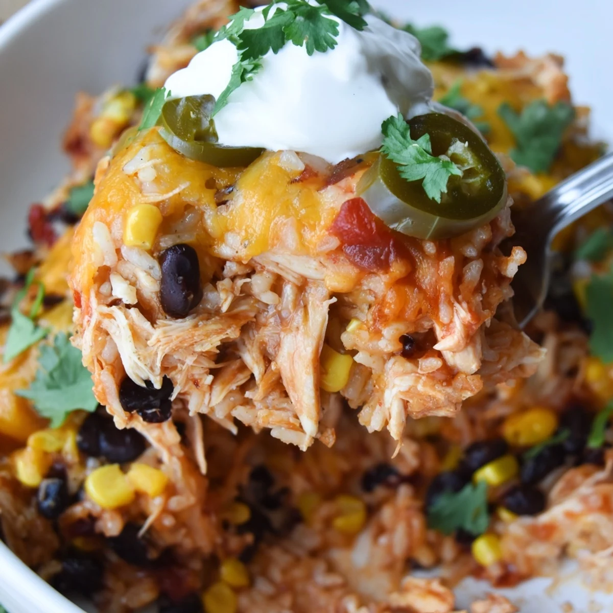 Creamy chicken burrito casserole topped with cilantro and diced tomatoes