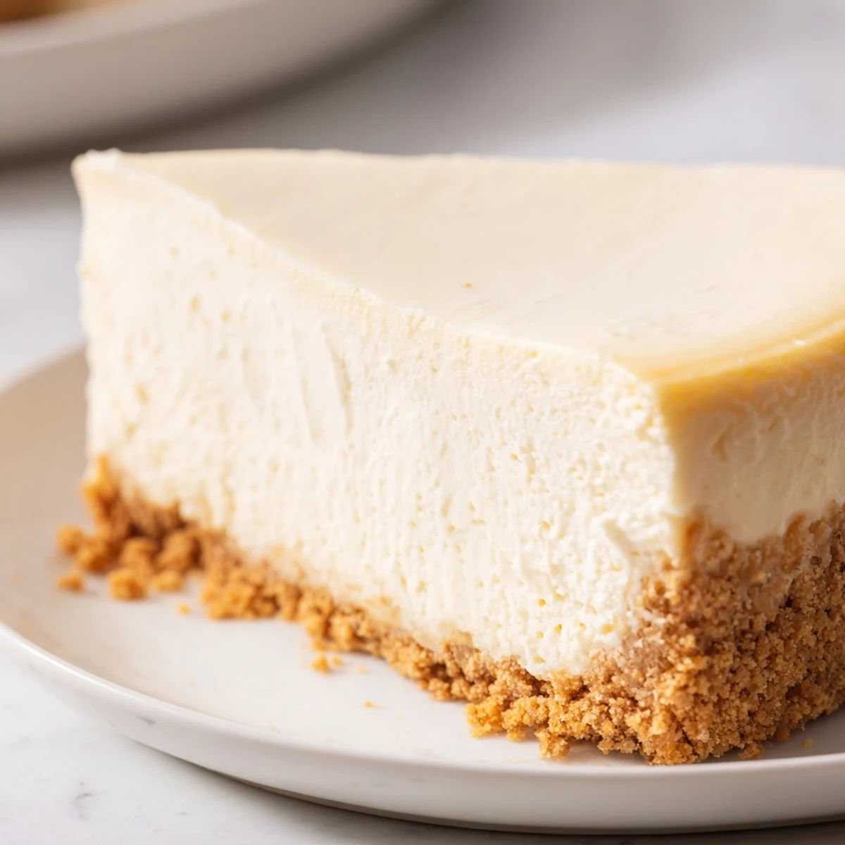 Creamy cheesecake with golden graham cracker crust, sliced and ready to serve