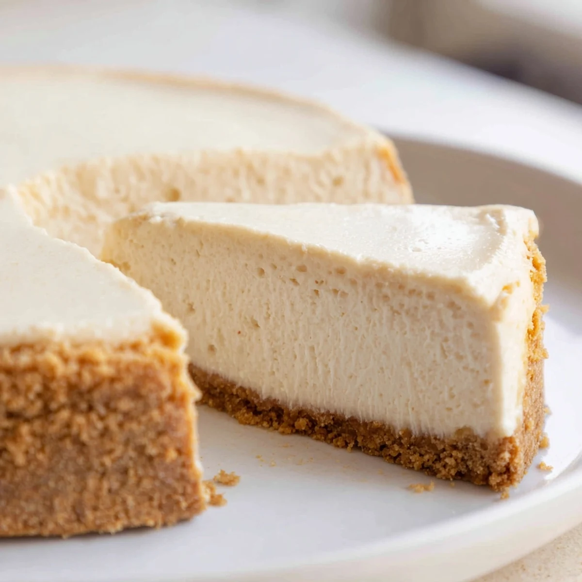 Rich baked cheesecake featuring a smooth vanilla filling on a buttery cookie crust