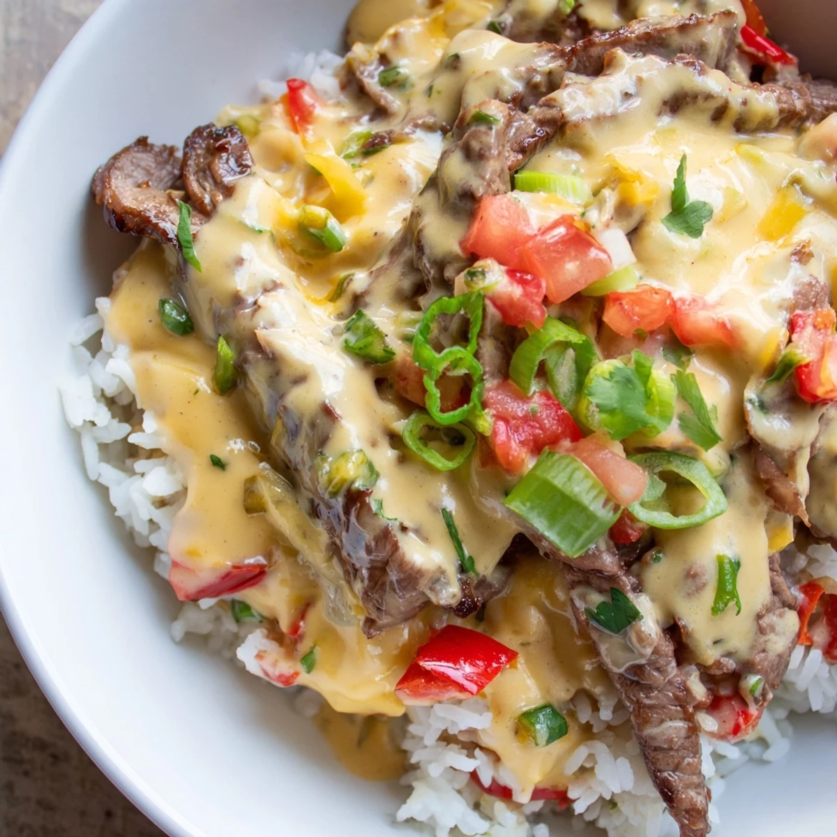 Sizzling steak queso rice drizzled with rich queso sauce in a rustic bowl