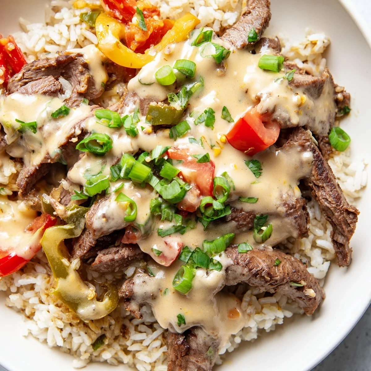 Golden steak queso rice topped with tender beef strips and vibrant bell peppers