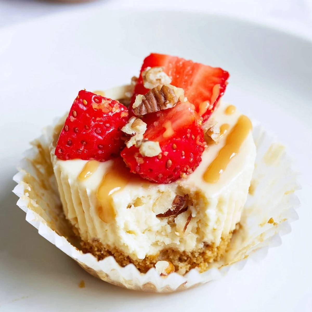 Individual mini cheesecakes garnished with strawberries and caramel on a rustic platter