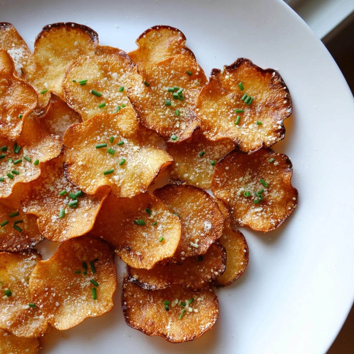 Golden crispy cottage cheese chips with Parmesan sprinkled on a parchment-lined baking sheet