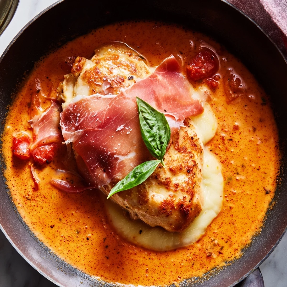 Golden Chicken Valdostana topped with melted Fontina cheese and crispy prosciutto in rustic tomato sauce