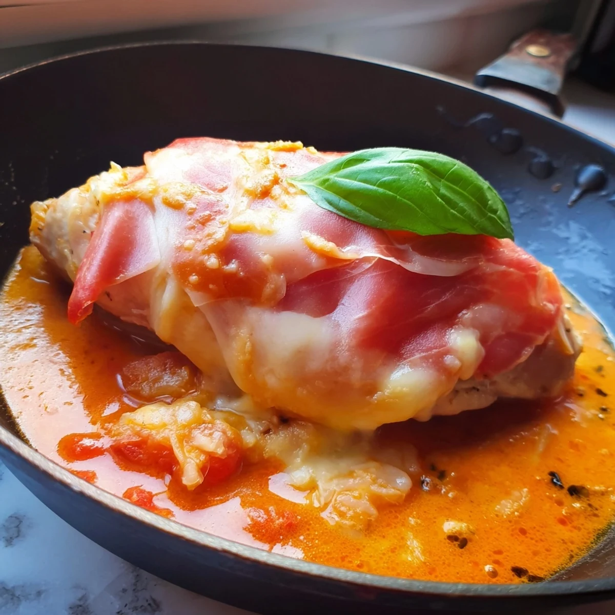 Creamy Chicken Valdostana baked in a savory white wine tomato sauce with fresh basil garnish