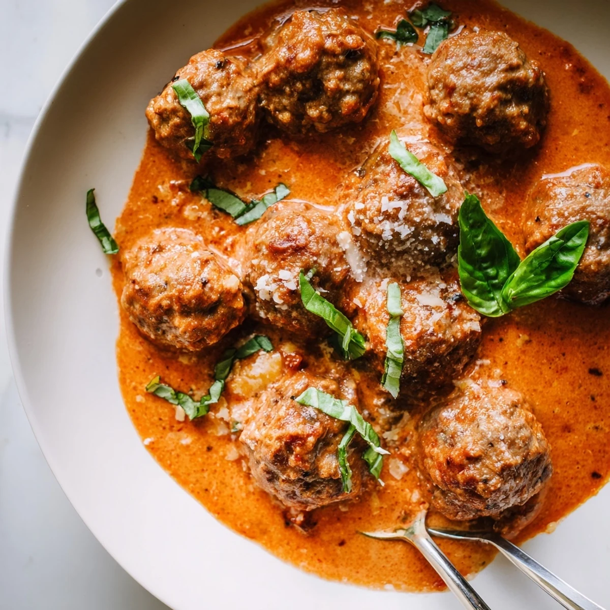 Golden-browned Creamy Tomato Basil Meatballs nestled in a thick, bubbling parmesan tomato sauce