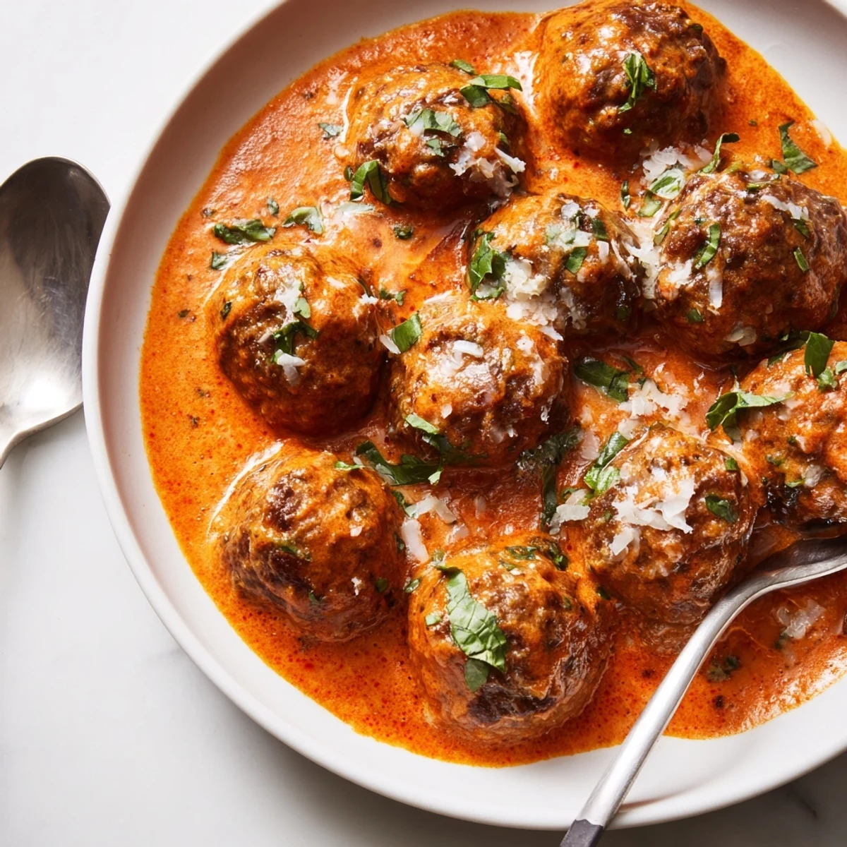 Creamy Tomato Basil Meatballs in a rich, velvety red sauce with fresh green basil leaves