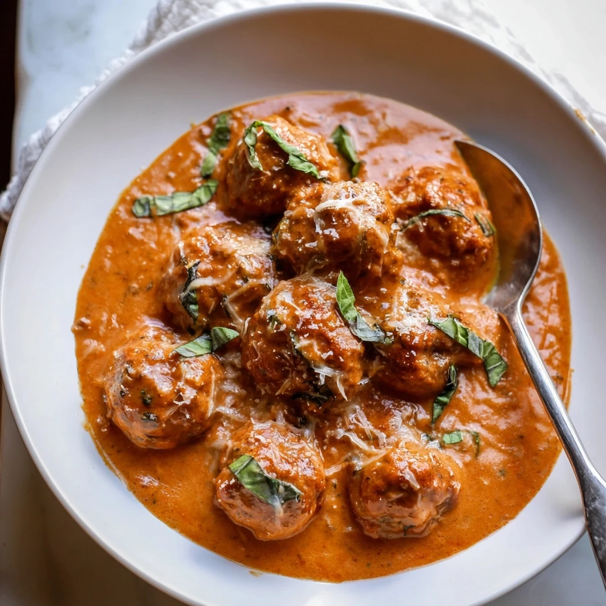 Creamy Tomato Basil Meatballs served steaming over spaghetti with a sprinkle of parmesan