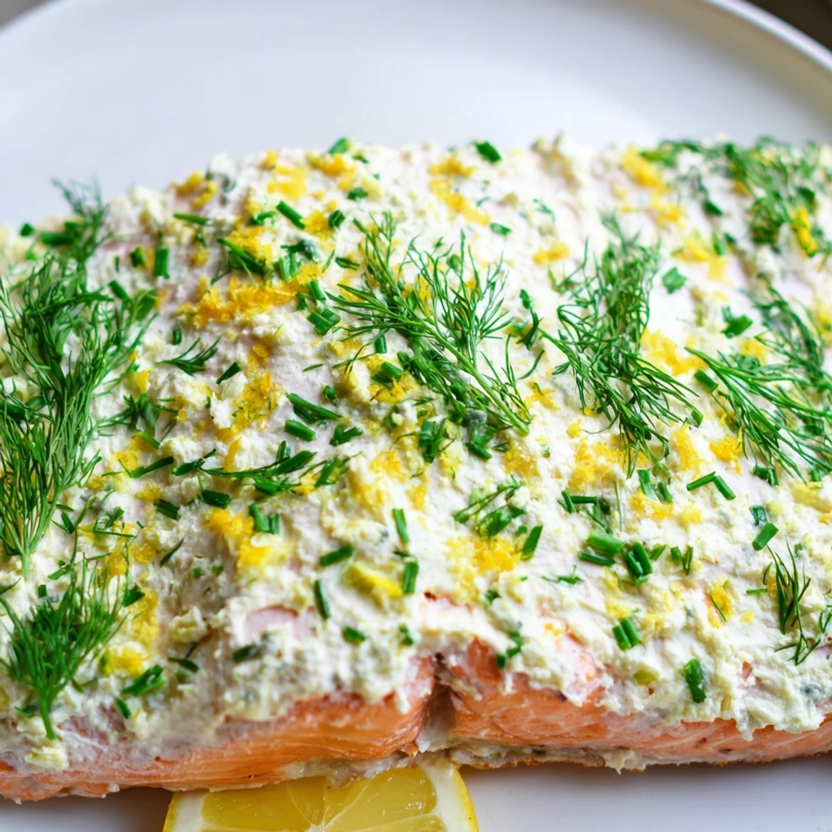 Perfectly baked Boursin salmon fillets topped with herbed cheese and bright lemon wedges on a parchment-lined baking sheet