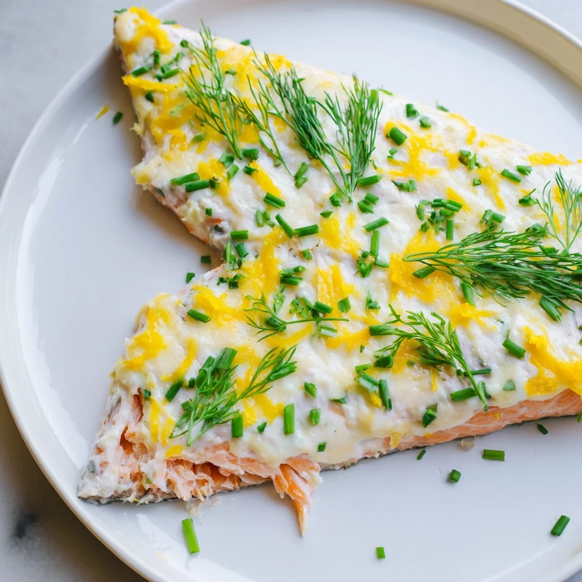 Tender Boursin salmon garnished with chives and dill, served hot with a squeeze of fresh lemon