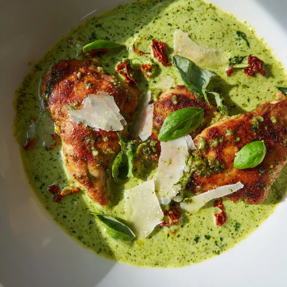 Juicy Marry Me Chicken Pesto in a creamy, golden sauce with sun-dried tomatoes