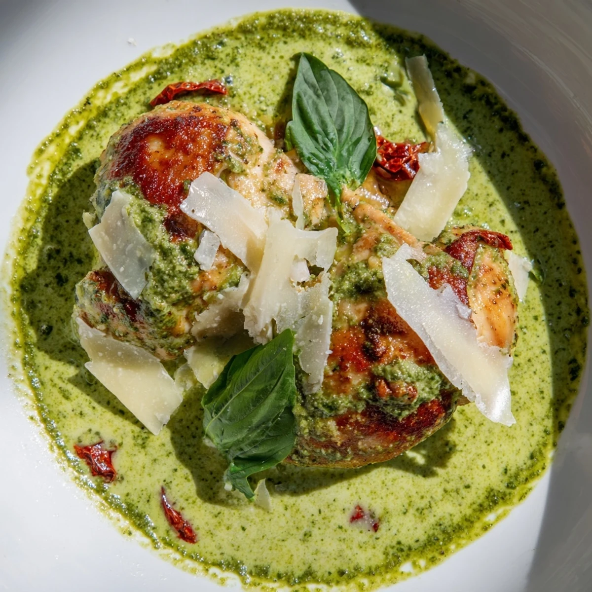 Tender Marry Me Chicken Pesto topped with fresh basil and bubbling cheese