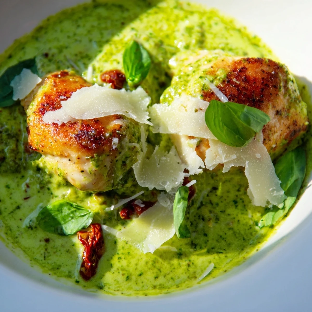 Creamy pesto Marry Me Chicken breasts smothered in rich Parmesan sauce on a plate