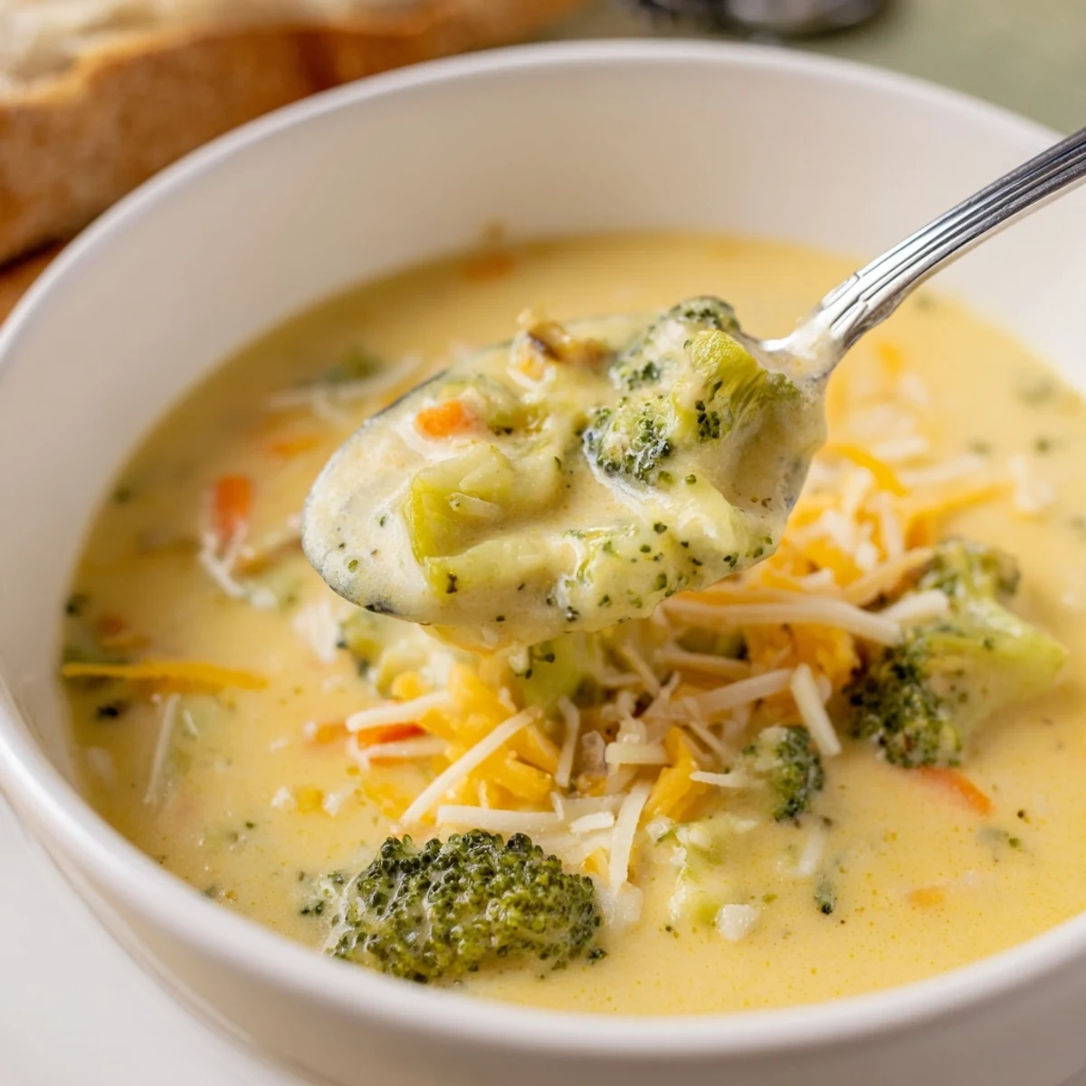 Thick slow cooker broccoli cheese soup topped with melted sharp cheddar in a rustic bowl