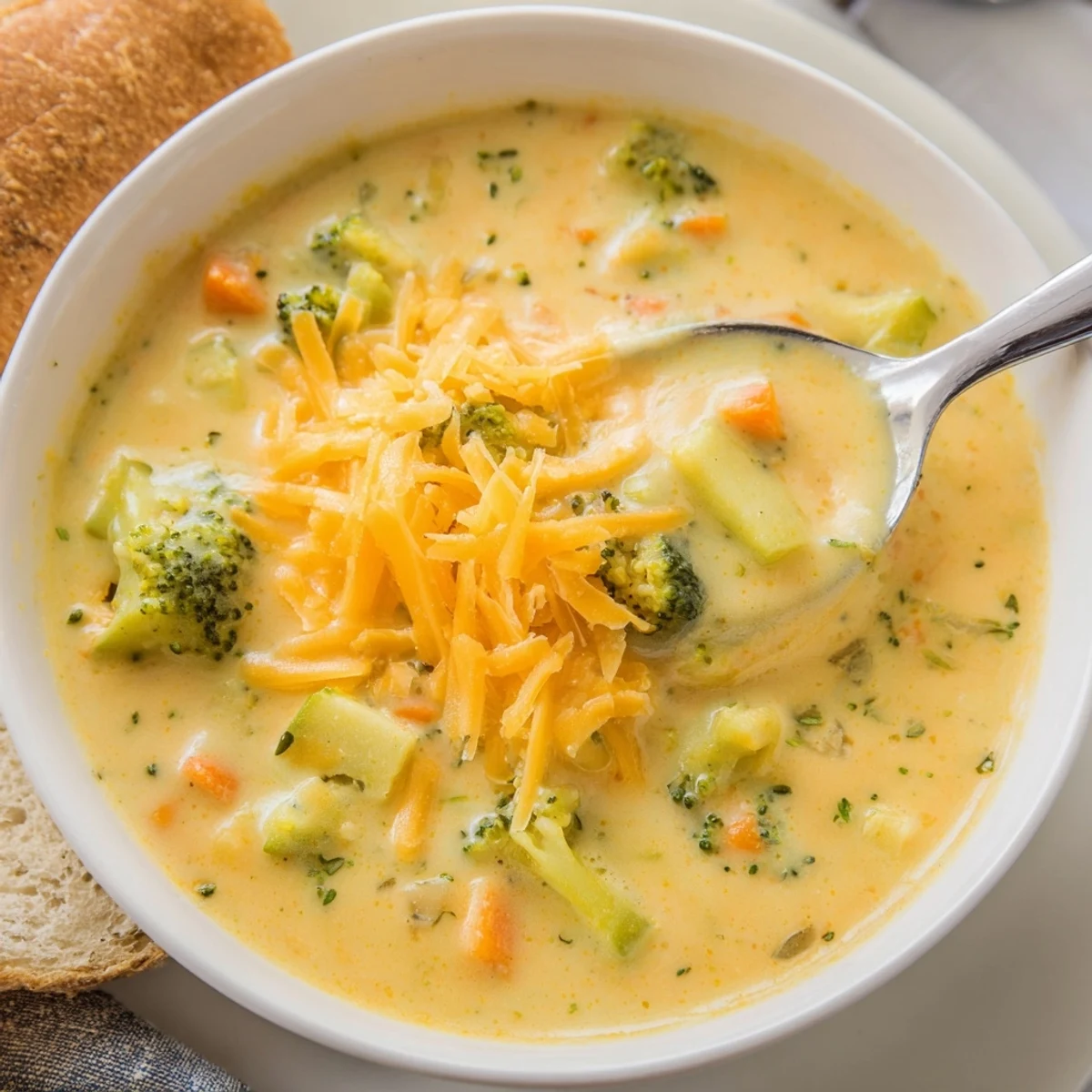 Creamy slow cooker broccoli cheese soup ladled into a bread bowl with golden croutons