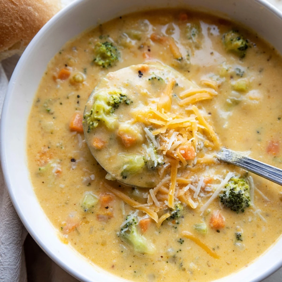 Steaming bowl of slow cooker broccoli cheese soup garnished with diced carrots and crusty bread