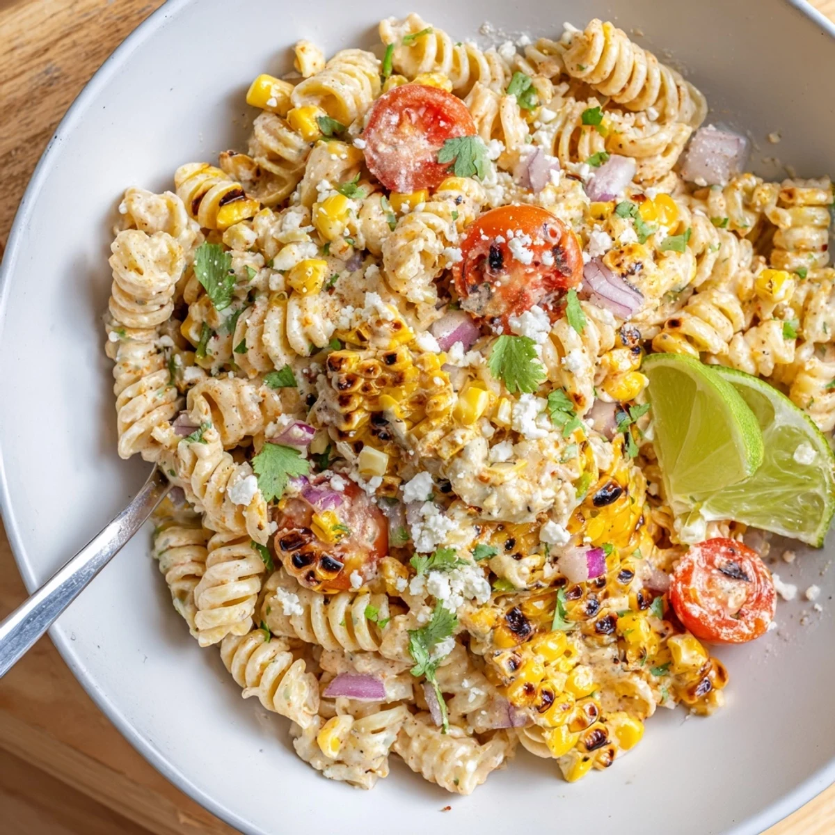 Creamy elote street corn pasta salad topped with crumbled cotija cheese and fresh lime wedges