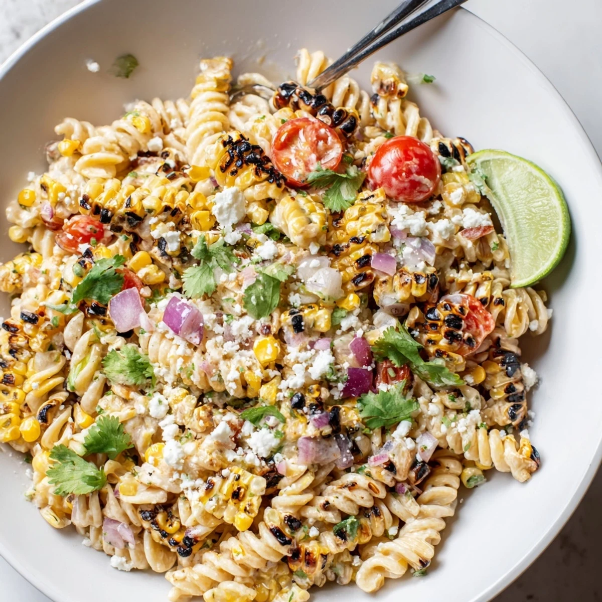 Smoky grilled corn and vibrant tomatoes tossed in a zesty elote street corn pasta salad