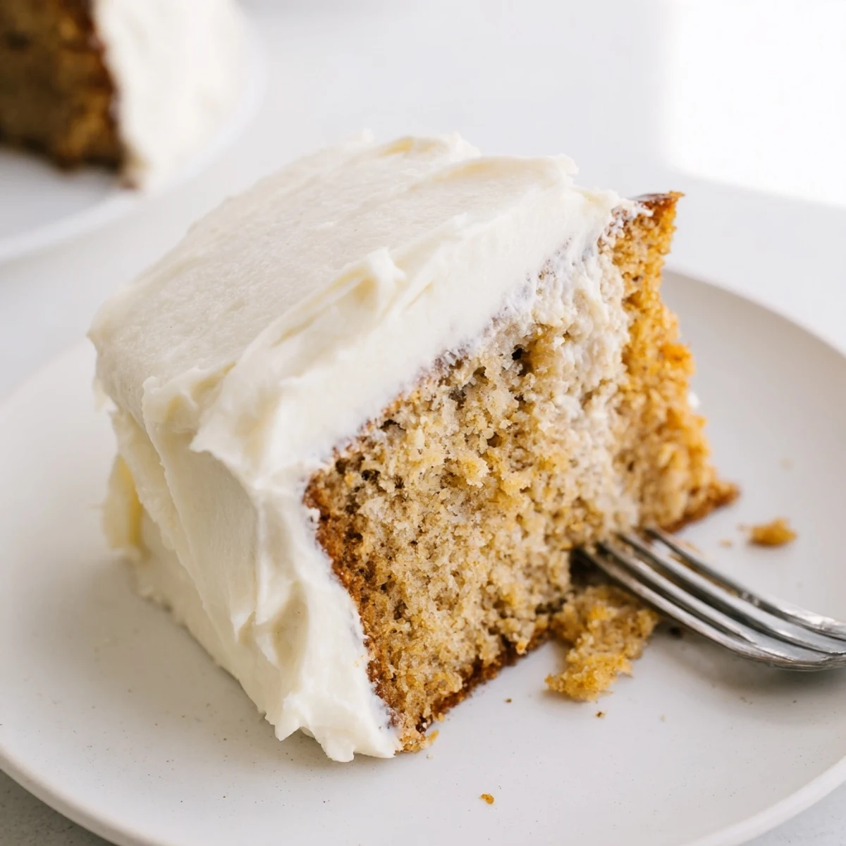 Brown Butter Banana Cake sliced thick with pillowy cream cheese frosting on a rustic plate