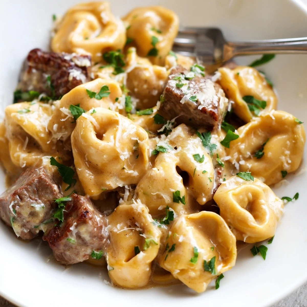 Creamy garlic steak tortellini in a golden Parmesan sauce sprinkled with fresh parsley