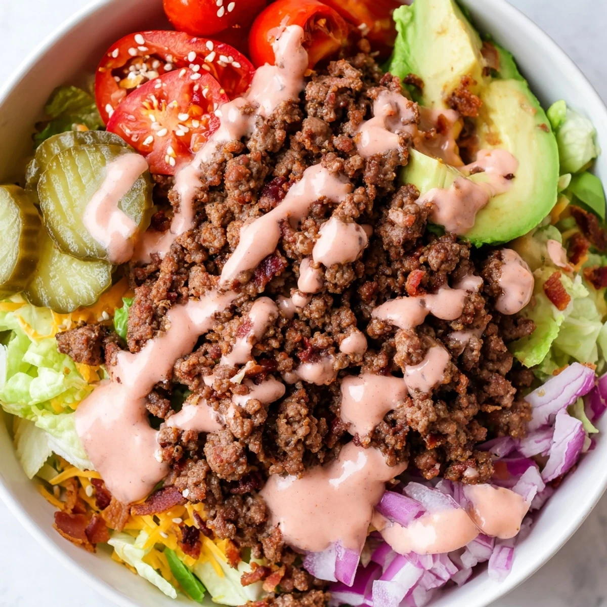 Sizzling burger bowls with seasoned beef, melted cheddar, and tangy pickles on crisp lettuce