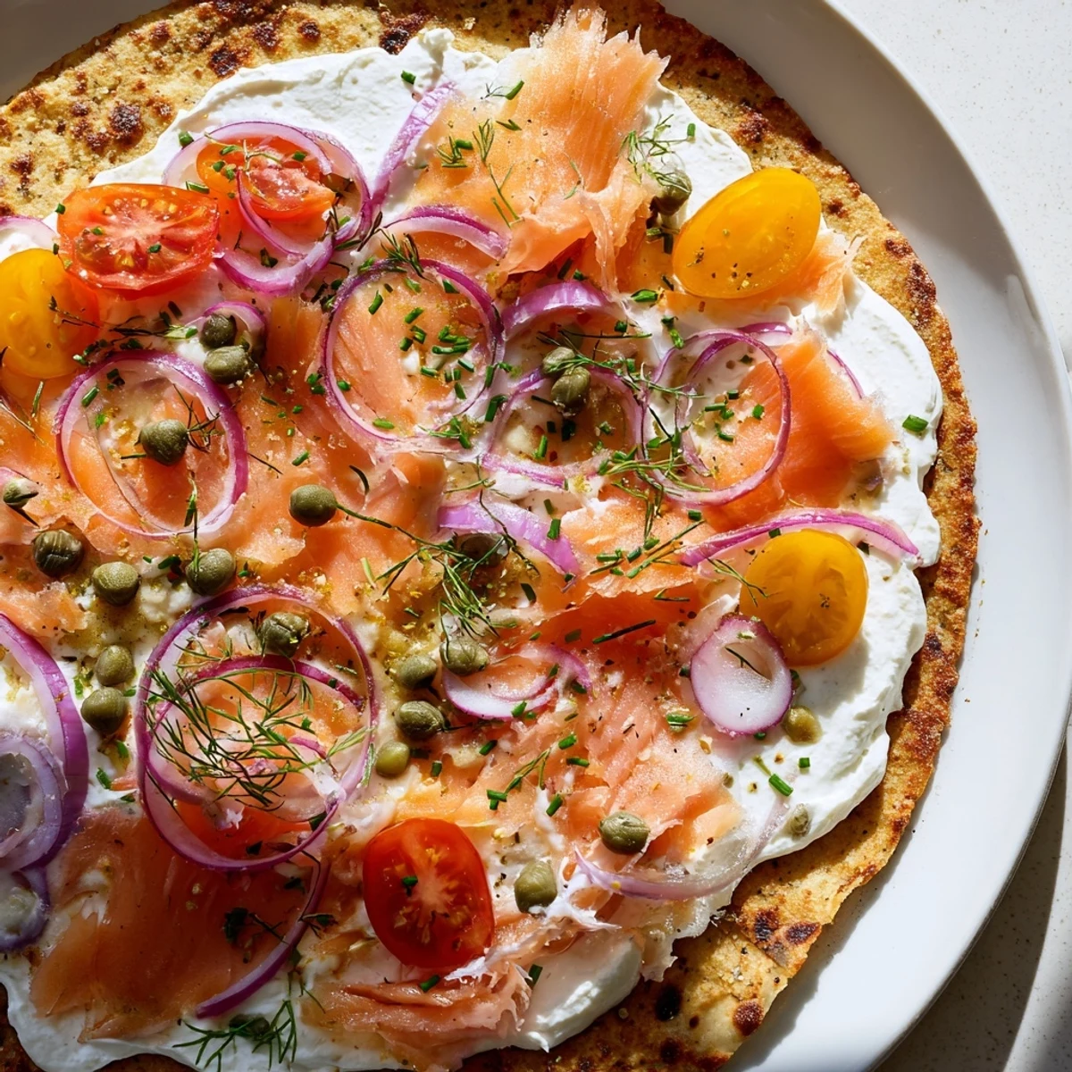 Golden baked salmon tortilla pizza topped with flaked fish, capers, and bubbling cheese