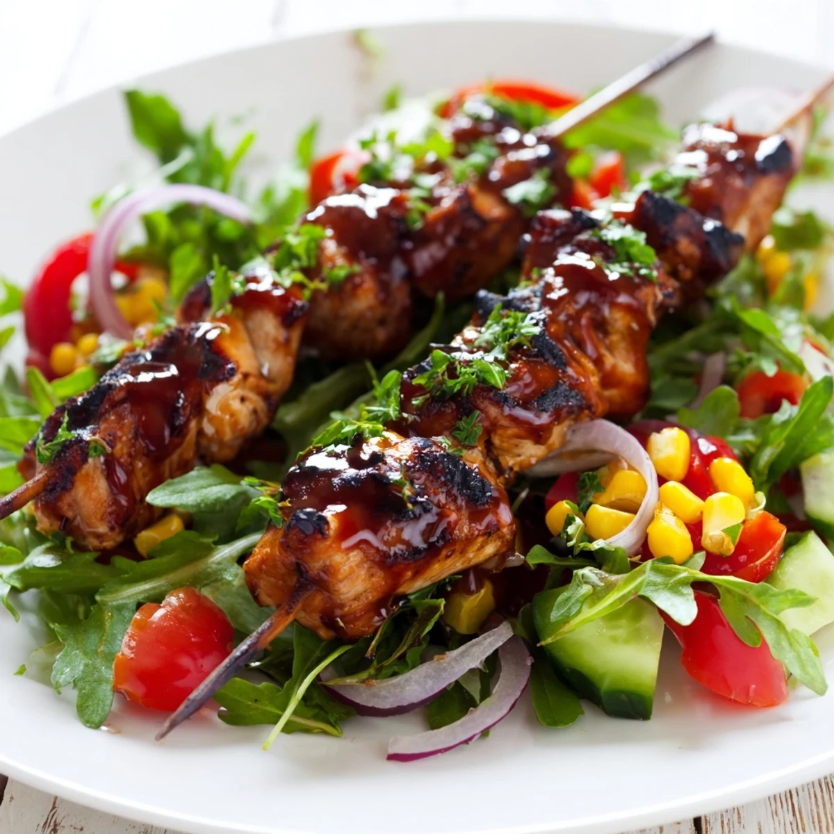 Smoky BBQ chicken skewer salad with charred edges over fresh crisp greens and colorful vegetables