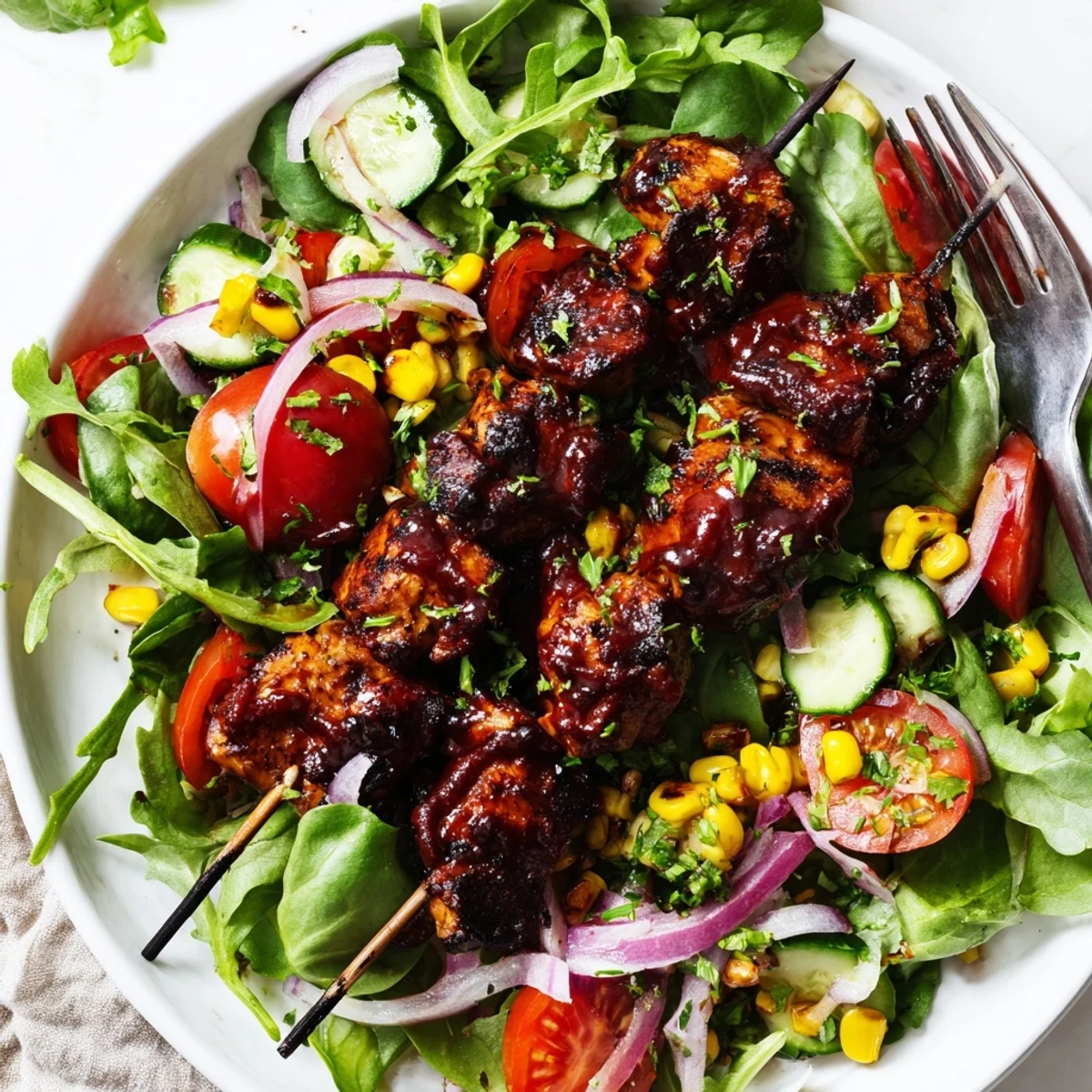 BBQ chicken skewer salad topped with juicy glazed chicken resting on a bed of tossed salad