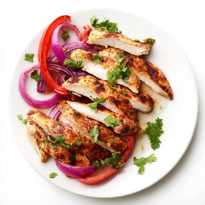 Freshly roasted Sheet Pan Chicken Fajitas with Onions steaming on a baking sheet, served with warm flour tortillas and a side of salsa.