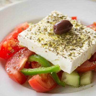 A close-up view of Greek Salad with Kalamata Olives, Cucumber, and Feta drizzled with olive oil and sprinkled with dried oregano.