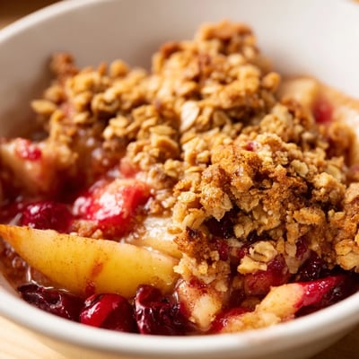 Perfectly golden brown Winter Fruit Crisp with Cinnamon Oat Crumble served warm in a dish, ready to be scooped.