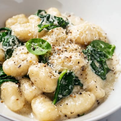 A close-up of Creamy Gnocchi with Spinach and Cream Sauce topped with parmesan and fresh basil, perfect for a weeknight meal.