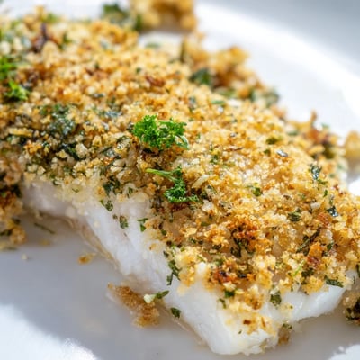 Close-up of Baked Cod with Panko and Herb Crust showing a crispy, golden topping on tender white fish, ready to be eaten.