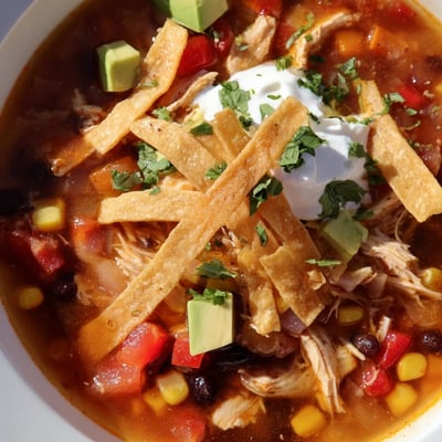 Hearty Chicken Tortilla Soup with Crispy Strips topped with melted cheese and lime wedges on a rustic table.