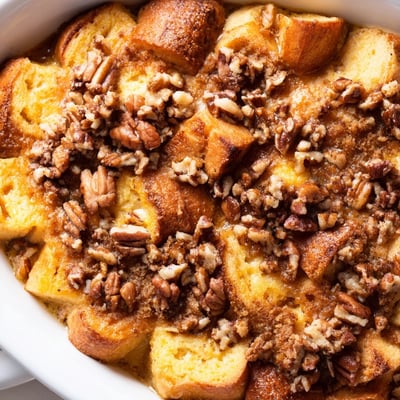 A slice of baked French Toast Casserole served with maple syrup drizzle.