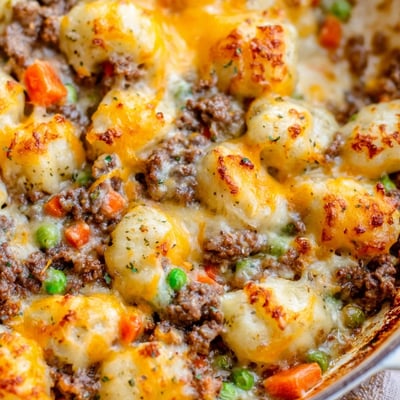 Golden melted cheddar and Parmesan blanket the rustic Quick Gnocchi Shepherds Pie, served bubbling from the oven.