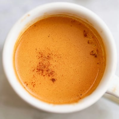 Korean Sweet Potato Latte with a velvety orange swirl steaming in a ceramic cup